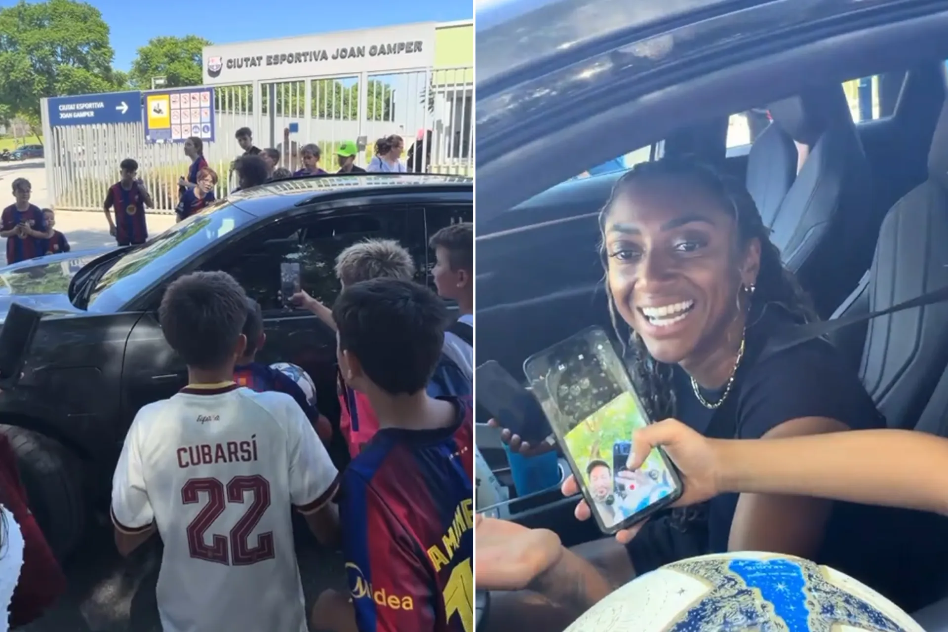 فيديو.. رافينيا يورط لاعبة برشلونة في موقف محرج مع المشجعين